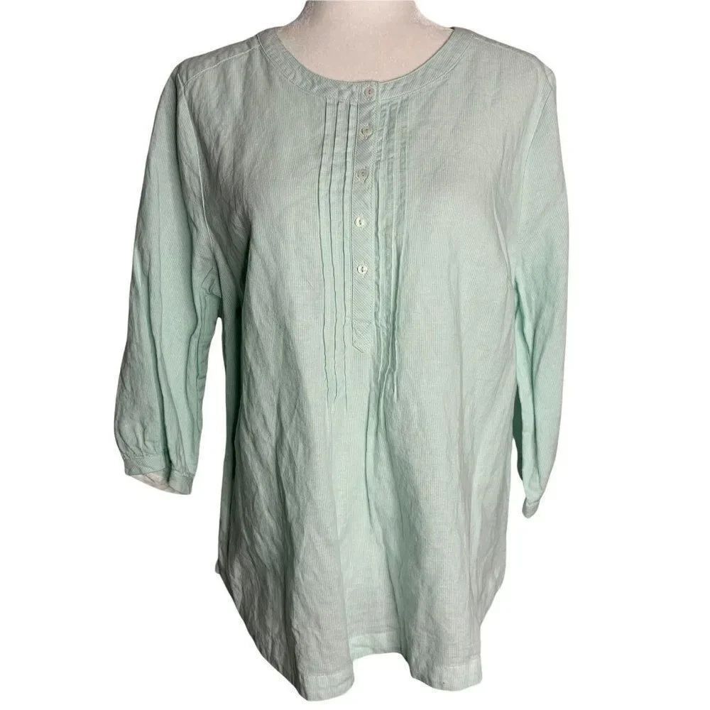 Dash Linen Blend Tunic Top L Green Stripe Pleated Buttons 3/4 Sleeve Round Neck